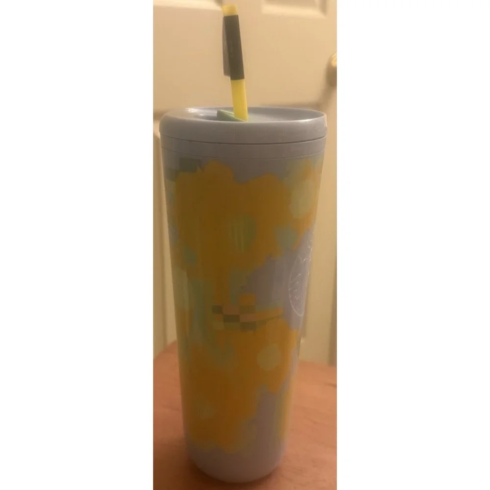 Starbucks Spring 2025 24 oz Cup Tumbler Pastel Blue Yellow Flower‎ Floral New